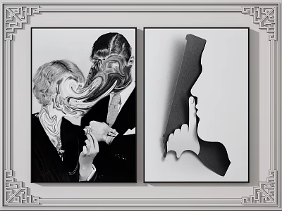Two Black and White Abstract Paintings Featuring Human Forms And Silhouette Design 3d model
