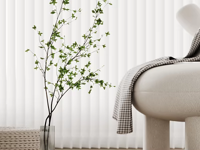 Green Branches In Transparent Vase White Blinds Beige Sofa Checkered Blanket Woven Basket Home Interior 3d model