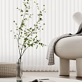 Green Branches In Transparent Vase White Blinds Beige Sofa Checkered Blanket Woven Basket Home Interior