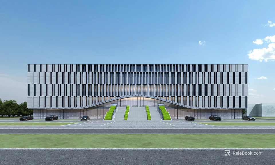 Modern Office Building Exterior Design With Striped Facade Central Entrance Green Lawn And Parking Area 3d model 