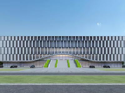 Modern Office Building Exterior Design With Striped Facade Central Entrance Green Lawn And Parking Area 3d model