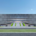 Modern Office Building Exterior Design With Striped Facade Central Entrance Green Lawn And Parking Area