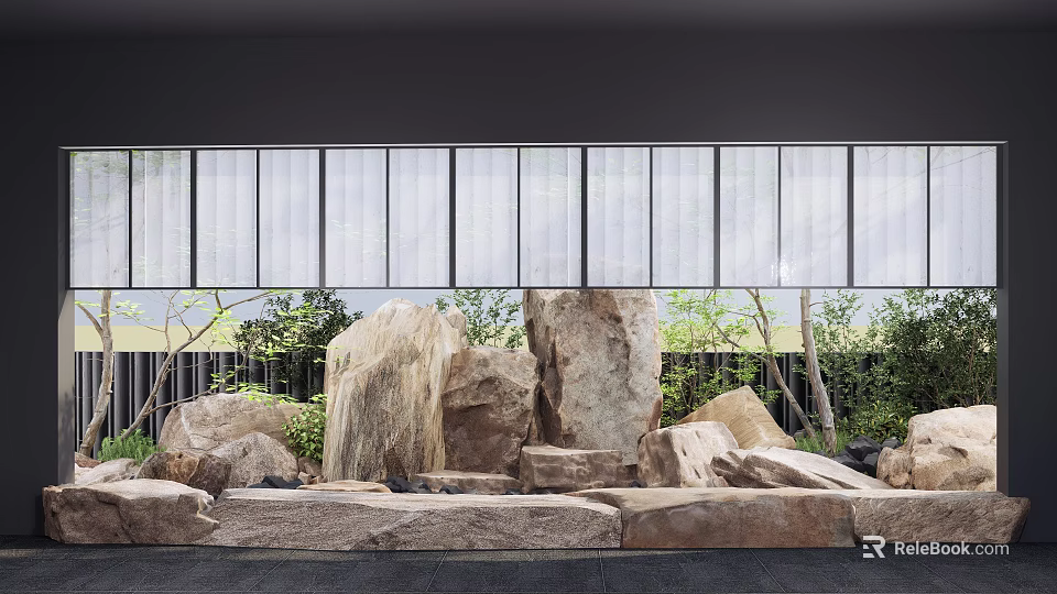 Natural Courtyard Garden With Large Stones Lush Green Plants And Water Feature 3d model 