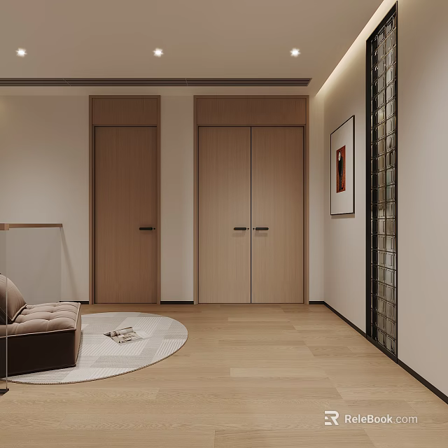 Modern Entryway Interior With Wooden Doors Round Rug Brown Sofa And Glass Block Wall 3d model 