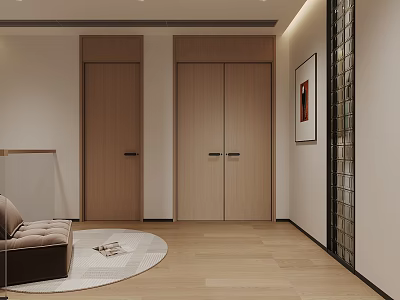 Modern Entryway Interior With Wooden Doors Round Rug Brown Sofa And Glass Block Wall 3d model