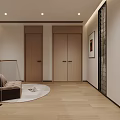 Modern Entryway Interior With Wooden Doors Round Rug Brown Sofa And Glass Block Wall