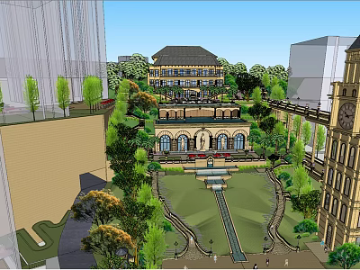 Classical Style Sales Office Building With Courtyard Greenery And Arched Windows 3d model