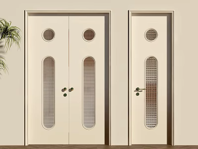 Modern Cream Colored Swing Doors With Glass Panels And Metal Handles 3d model