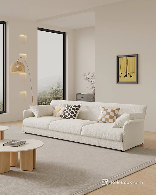 White Multi Seater Sofa With Decorative Cushions Floor Lamp Wall Art And Window View 3d model 