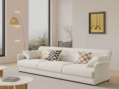 White Multi Seater Sofa With Decorative Cushions Floor Lamp Wall Art And Window View 3d model