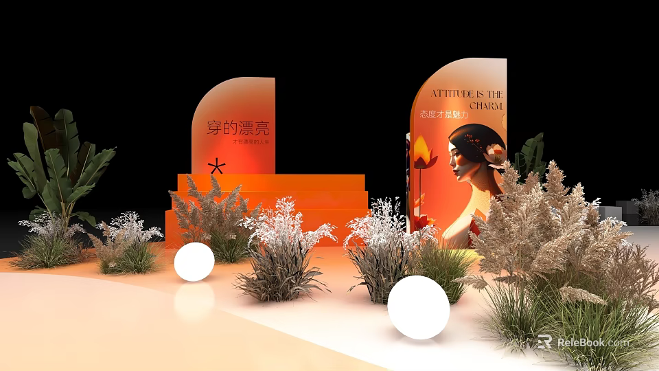 Elegant Fashion Runway Featuring Orange Stage Green Plants Round Lights and Poster with Female Figure 3d model 