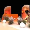 Elegant Fashion Runway Featuring Orange Stage Green Plants Round Lights and Poster with Female Figure