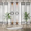 Chinese Style Room Divider With Black Frame Geometric Patterns Circular Decorations And Plants 3d model