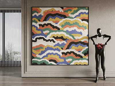Colorful Wavy Abstract Painting And Black Sculpture With Red Object In Modern Interior 3d model
