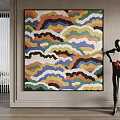 Colorful Wavy Abstract Painting And Black Sculpture With Red Object In Modern Interior