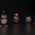 Four Angry Cartoon Birds Standing On Black Background With Orange Light Effects
