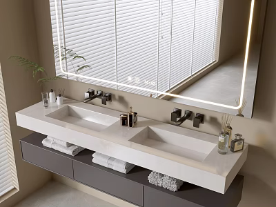 Bathroom Vanity With Double Sink Large Mirror Wall Mounted Design And Storage Drawers 3d model