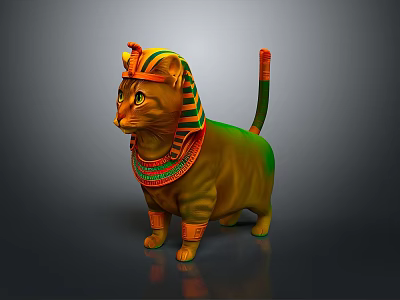 Egyptian Style Cat Sculpture With Colorful Headdress Collar And Tail Decoration 3d model