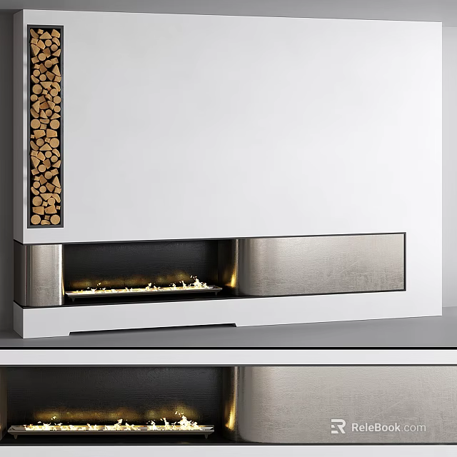 Modern Fireplace With Wood Storage And Illuminated Flames In Sleek Design 3d model 