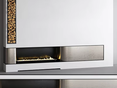 Modern Fireplace With Wood Storage And Illuminated Flames In Sleek Design 3d model