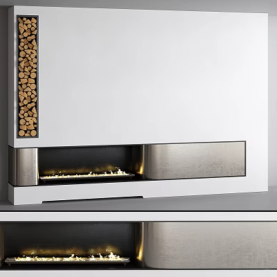 Modern Fireplace With Wood Storage And Illuminated Flames In Sleek Design 3d model