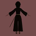 3D Anime Character in Black Kimono with Brown Belt and Sword on Simple Brown Background