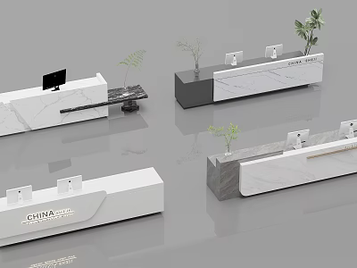 Modern Marble Reception Desk Design With Potted Plants And Computer Monitor 3d model