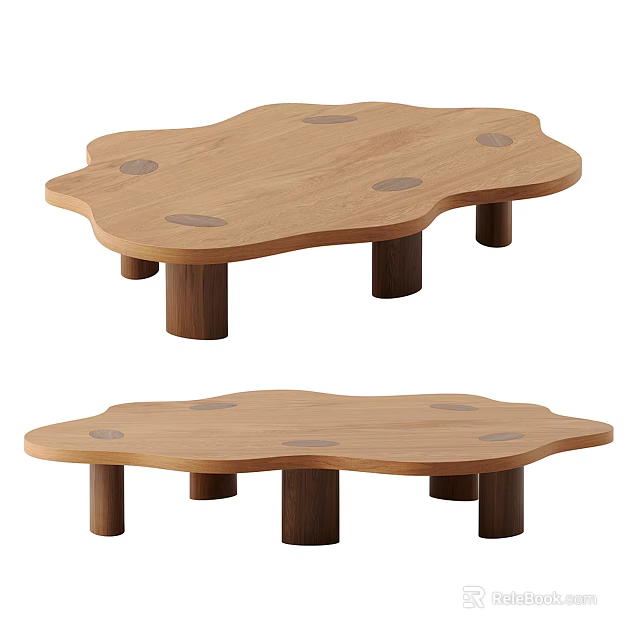 Modern Oak Coffee Table With Irregular Shape Circular Inlays And Sturdy Legs 3d model
