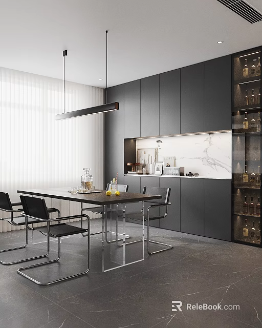 Modern Restaurant Interior With Black Cabinets Marble Backsplash Pendant Light Dining Table And Chairs 3d model
