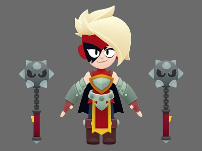 Cartoon Man with Blonde Hair Red Mask in Armored Outfit Holding Spiked Mace Weapons 3d model