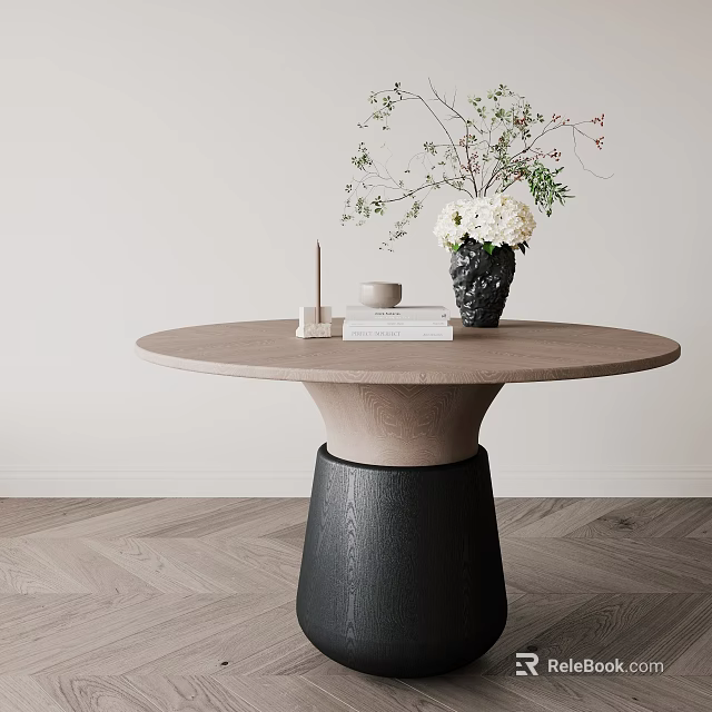 Minimalist Round Wooden Dining Table With Black Base And White Flower Vase Books 3d model 
