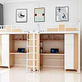 Modern Bunk Bed with Study Desks Storage Cabinets and Decorative Paintings Interior 3d model