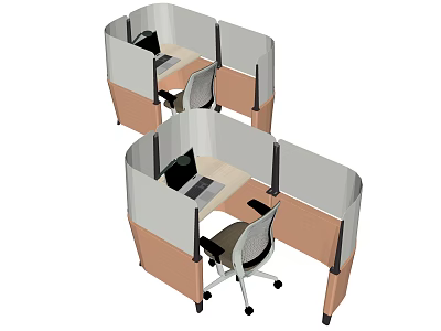 Modern Office Workstation Desks With Partition Panels Office Chairs And Laptops 3d model