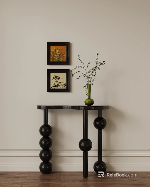 Stylish Modern Black Console Table With Spherical Legs Green Vase And Wall Art 3d model 