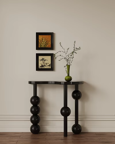 Stylish Modern Black Console Table With Spherical Legs Green Vase And Wall Art 3d model