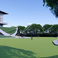 Modern Garden Landscape With Green Lawn Curved Pathways Geometric Structures And People Walking