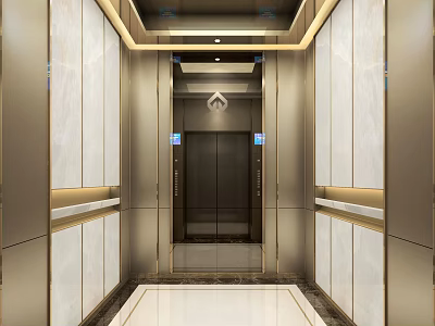 Elegant Modern Elevator Interior Design With Metal Panels And Marble Walls 3d model