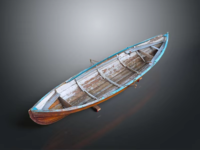 Vintage Wooden Water Transport Boat With Blue Edges And Interior Structure 3d model