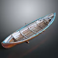 Vintage Wooden Water Transport Boat With Blue Edges And Interior Structure