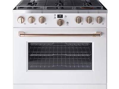 White Kitchen Oven With Stove Top Gold Handle And Control Knobs 3d model