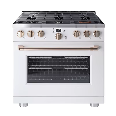 White Kitchen Oven With Stove Top Gold Handle And Control Knobs 3d model