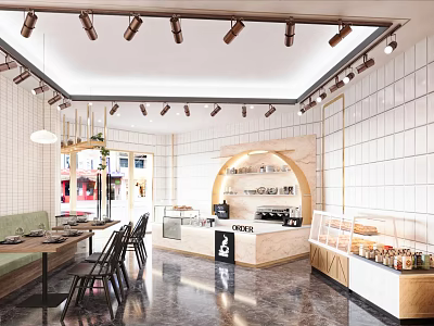 Modern Dessert Shop Interior With Wooden Counter Dessert Display Cases And Cozy Seating 3d model