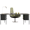 Modern Dark Wooden Office Desk With Green Chair Brass Lamp Notebook And Apples