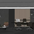 Modern Office Interior With Dark And Light Colors Sofa Desk Chairs Bookshelves Plant And Window