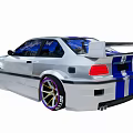 Silver Racing Car With Blue Black Stripes Modified Wheels And Rear Spoiler