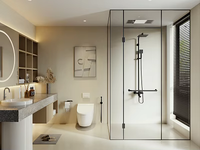 Modern Bathroom Interior With Vanity Smart Toilet Glass Shower And Decor 3d model
