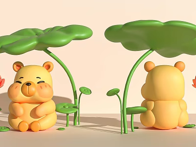 Adorable Decorative Ornament Set With Yellow Bear Green Lotus Leaf And Small Lotus Flower 3d model