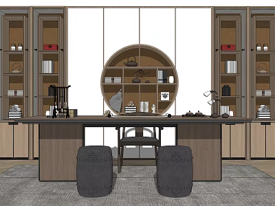 Wooden Desk With Side Bookcases Circular Shelf Chair And Decorative Items On Rug 3d model
