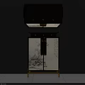 Traditional Chinese Entryway Console Cabinet With Landscape Painting Golden Handles And White Panels