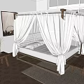 Four Poster Double Bed With White Canopy In Bright Room Large Windows Dark Wooden Flooring